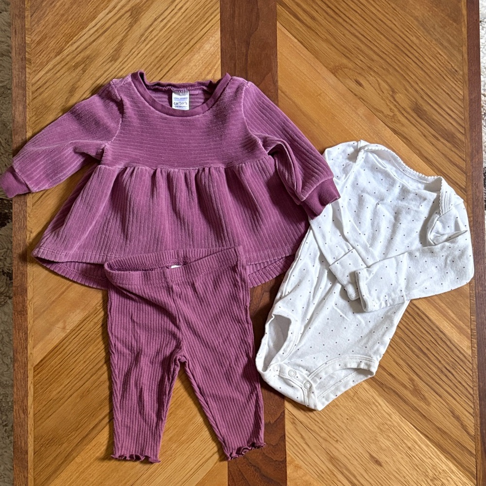 Carter's 0-3 Month Baby Girl Peplum Sweatshirt, Bodysuit & Leggings Set- Mauve